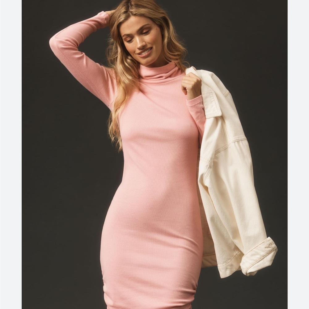 NWT Anthropologie STATESIDE LONG-SLEEVE TURTLENECK RIB RUCHED DRESS